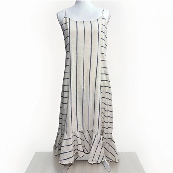 Women’s Striped Midi Dress Size L Linen Look Adjustable Straps Ruffle Hem - Picture 2 of 9